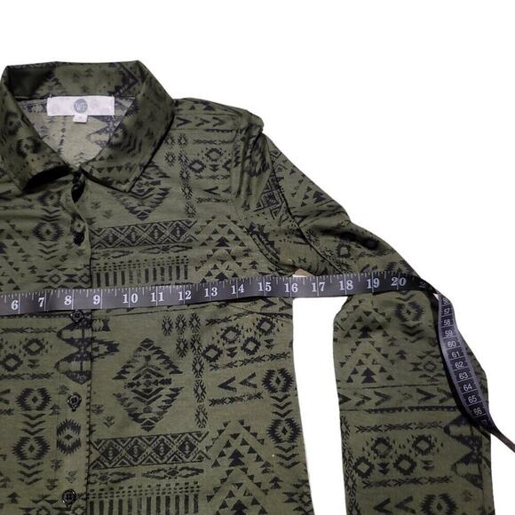 Women's Green Aztec Print Long Sleeve Button Front Shirt Dress Size Small - Picture 11 of 13